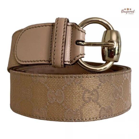 Authentic Gucci Pink Monogram Canvas Calfskin Gold Horsebit Buckle Belt 95/38 - Picture 1 of 13